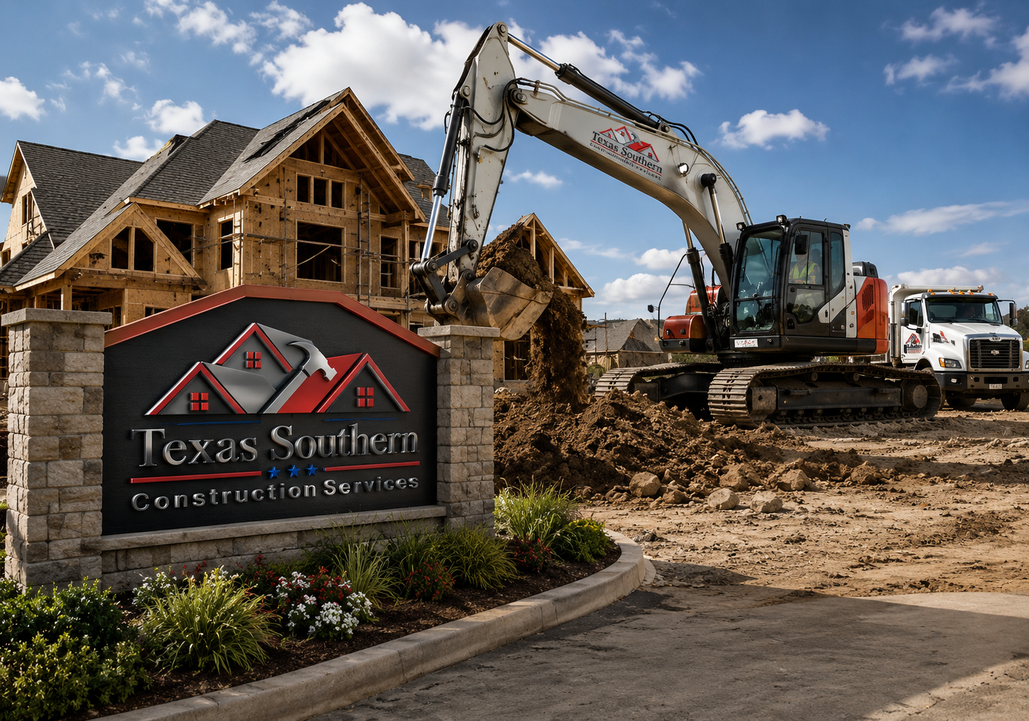 Concrete truck and crew working a large custom home build at dusk
