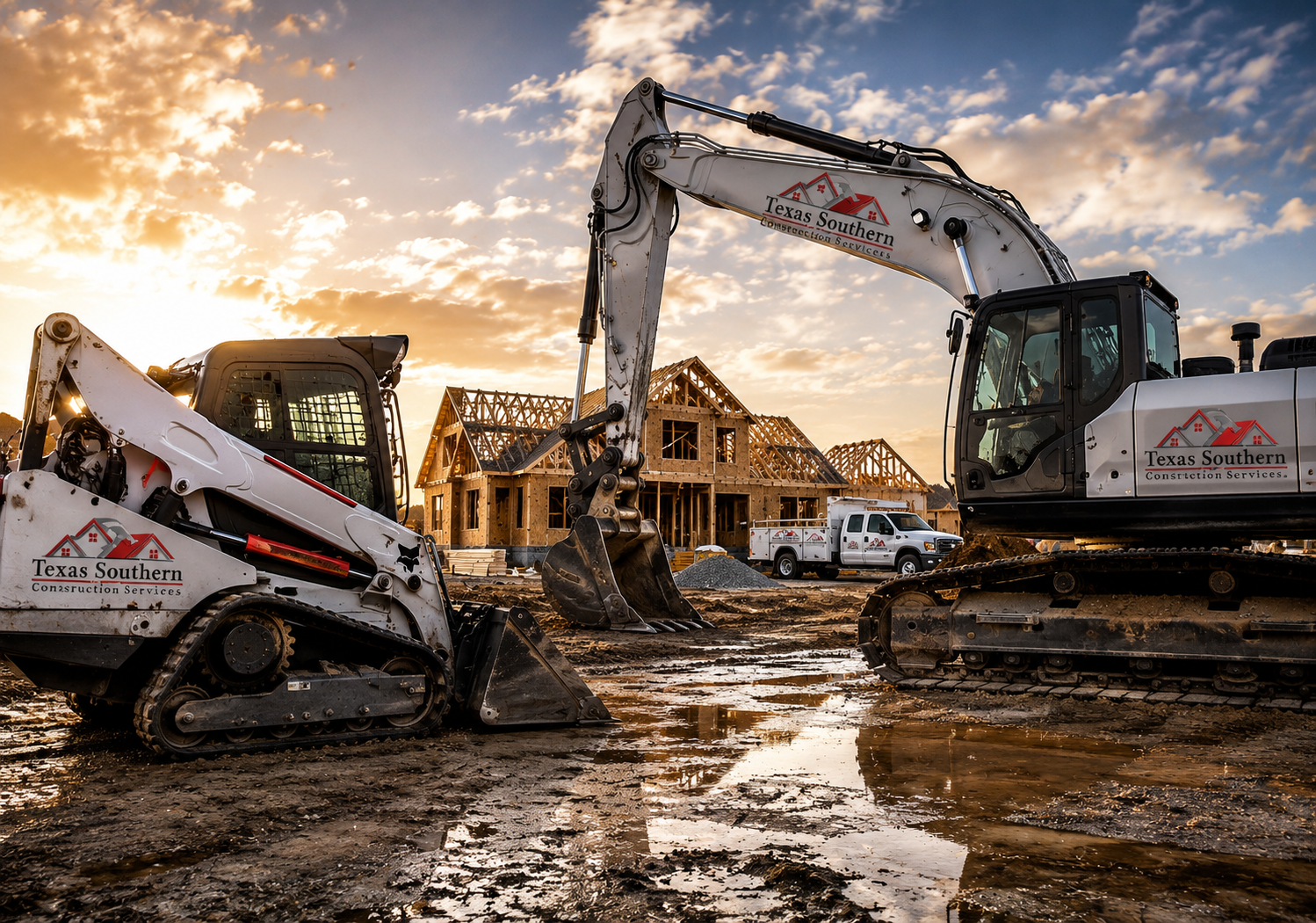 Framed custom home under construction with excavator moving soil