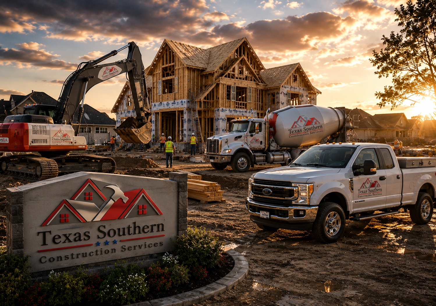 Excavator and skid steer on a residential job site at sunset